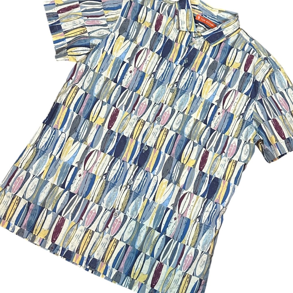 Tori Richard Shirt Mens Medium Blue‎ Surfboard Print Cotton Lawn 1956 6382